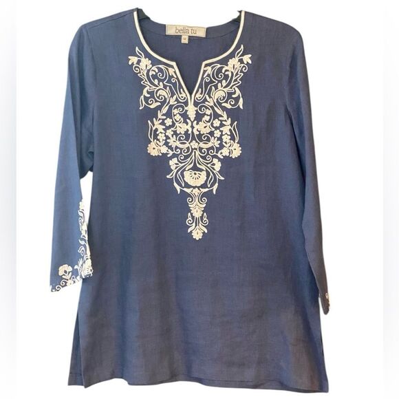Bella Tu Sz L Deep Blue Hand Dyed Linen Embroidered Ornate Sleeves Tunic - Picture 1 of 9